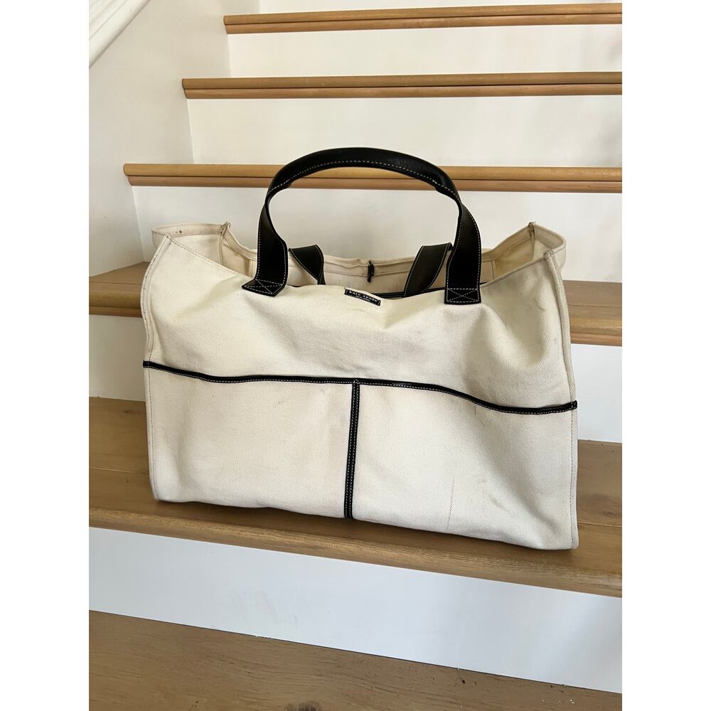 Kate Spade Large Tote White Canvas Blue Leather Piping - Vintage